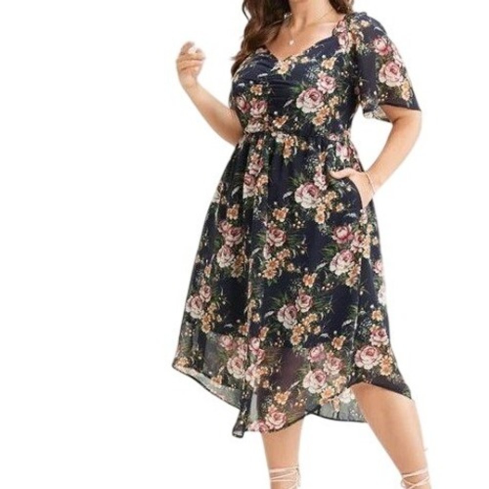 Floral Dress Sz 18-20 Bloomchic Navy Sweetheart High Low‎ Flutter Sleeve